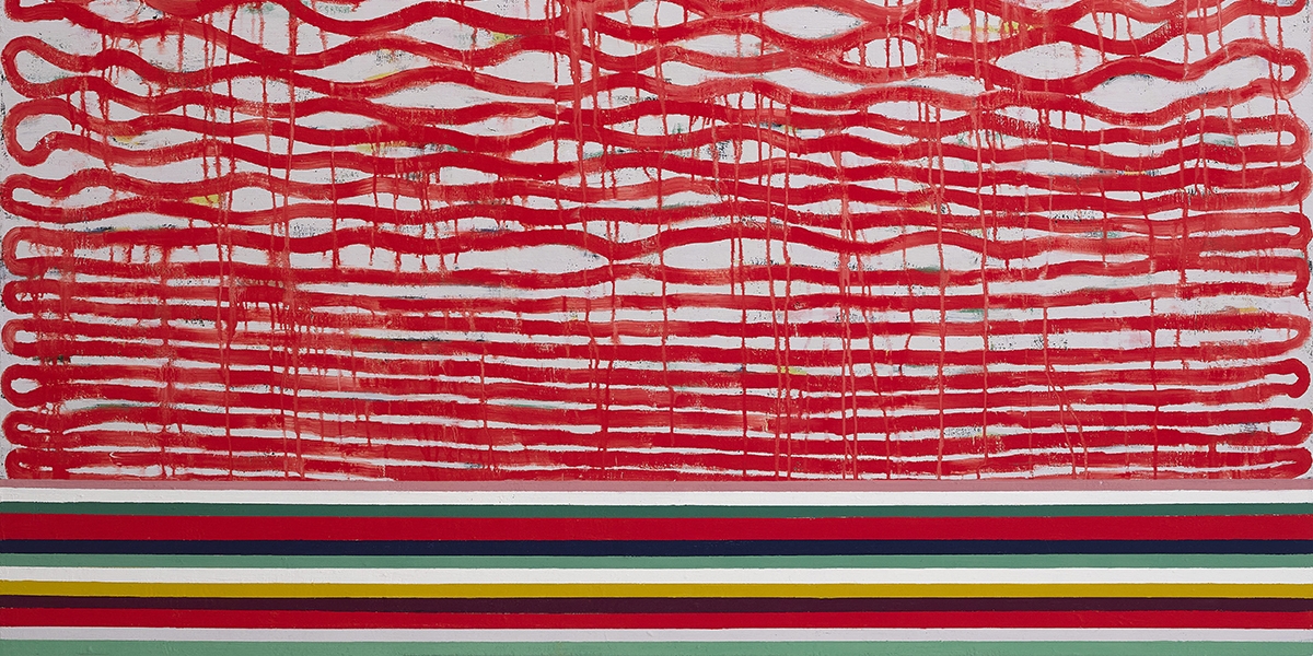 Obstacle Course One Line (detail), 2024/25, oil on canvas, 180 x 180 cm